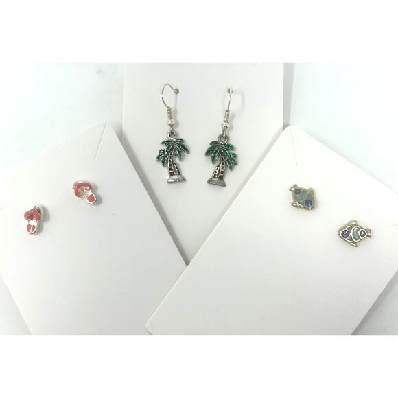 3 Pair of Earrings - Palm Tree Dangle, Flip-Flop Stud & Fish Stud - Pierced - Picture 1 of 6